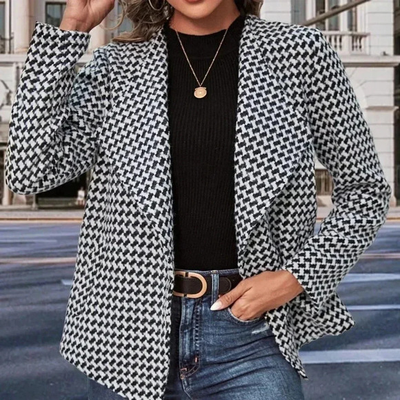 Black and White Preppy Womens Allover Print Open Front Tweed Overcoat